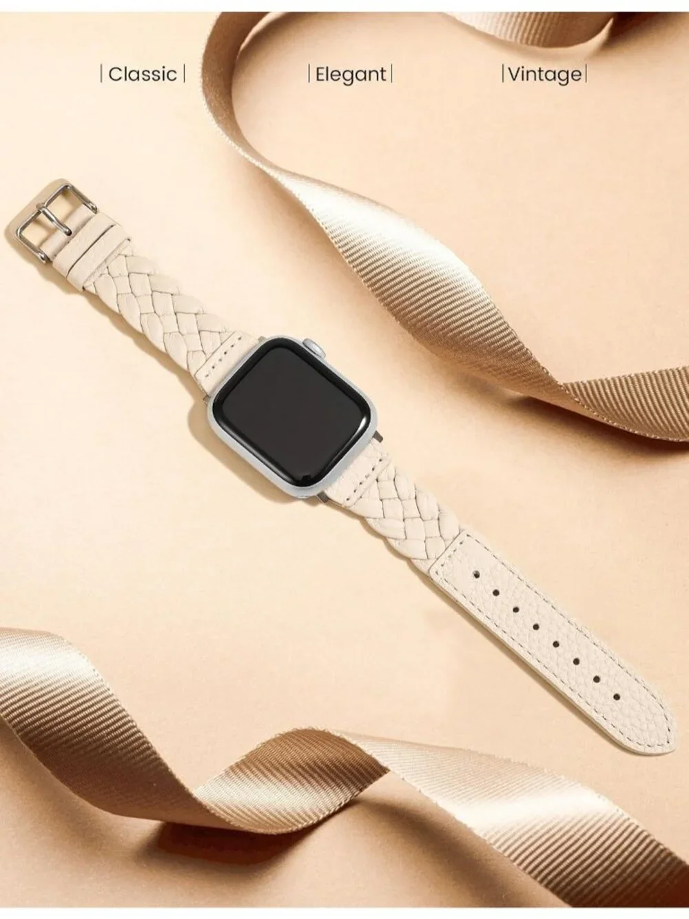 Women's Starlight/Silver Braided Leather Strap Compatible with Apple Wrist Watch